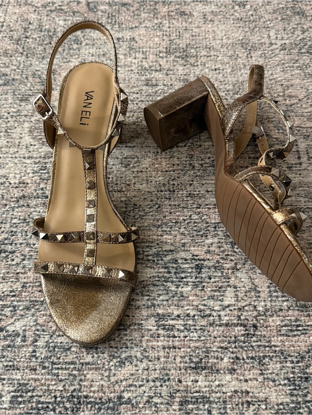 Vaneli Size 10.5 Metallic Bronze Studded T-Strap Block Heel Sandals